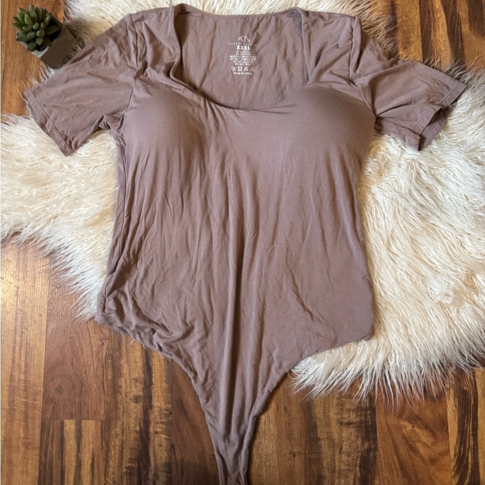 Klassy Network Double Lined Square Neck Bodysuit Tan